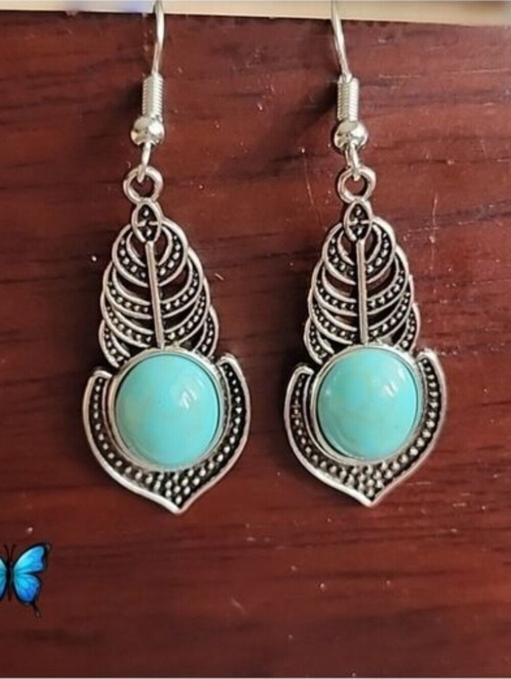 Southwest Boho Simulated Turquoise Teardrop Dangle Earrings 925S post EP